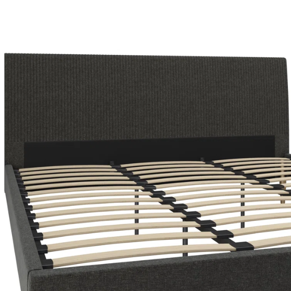 Dark grey linen upholstered king-size platform bed with rectangular headboard, wood slats, and no box spring required.


