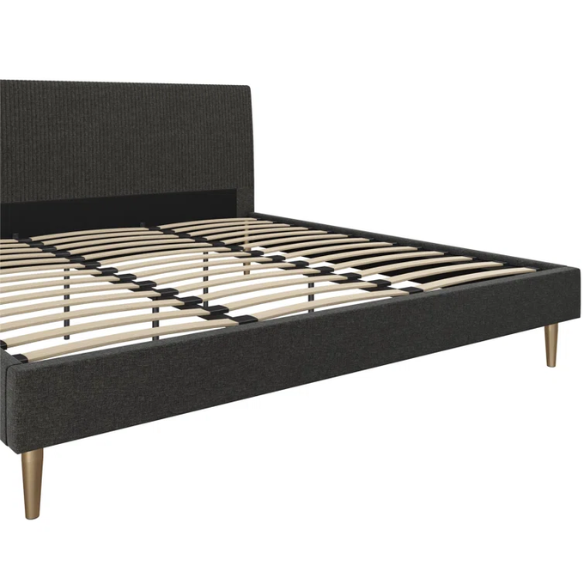 Dark grey linen upholstered king-size platform bed with rectangular headboard, wood slats, and no box spring required.

