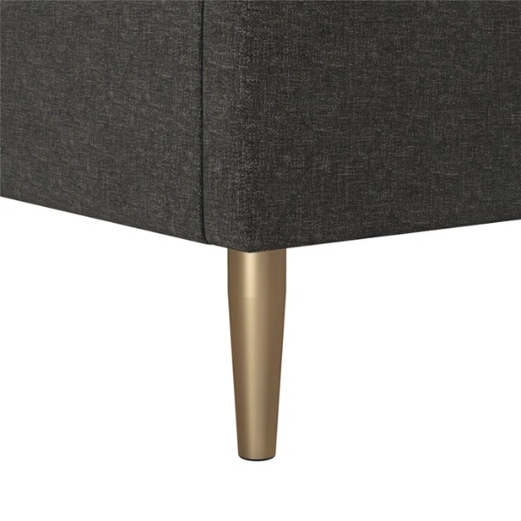 Dark grey linen upholstered king-size platform bed with rectangular headboard, wood slats, and no box spring required.

