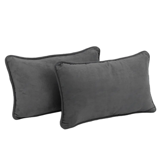 Dark grey microsuede lumbar throw pillow set of 2 with piped edges – decorative rectangular pillows for sofa, bed, and living room