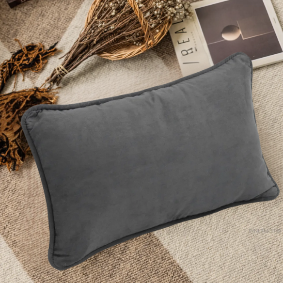 Dark grey microsuede lumbar throw pillow set of 2 with piped edges – decorative rectangular pillows for sofa, bed, and living room