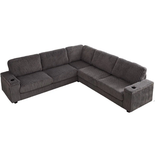 Dark grey modular corduroy sectional sofa with five seats, built-in USB ports, armrest storage, cup holders, and throw pillows