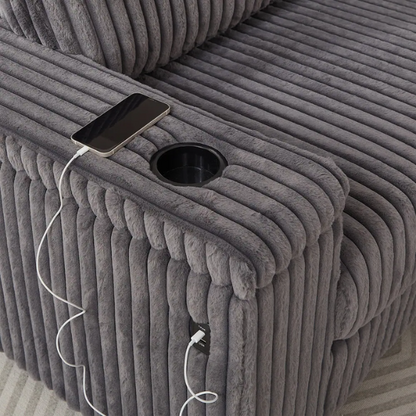 Dark grey modular corduroy sectional sofa with five seats, built-in USB ports, armrest storage, cup holders, and throw pillows