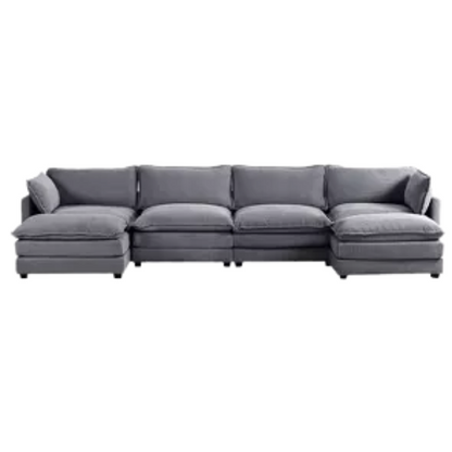 Dark grey 4-seat modular sectional sofa with two matching ottomans, upholstered in soft corduroy with high-resilience cushions and a sturdy wood and metal frame.
