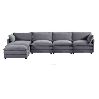 Dark grey 4-seat modular sectional sofa with two matching ottomans, upholstered in soft corduroy with high-resilience cushions and a sturdy wood and metal frame.