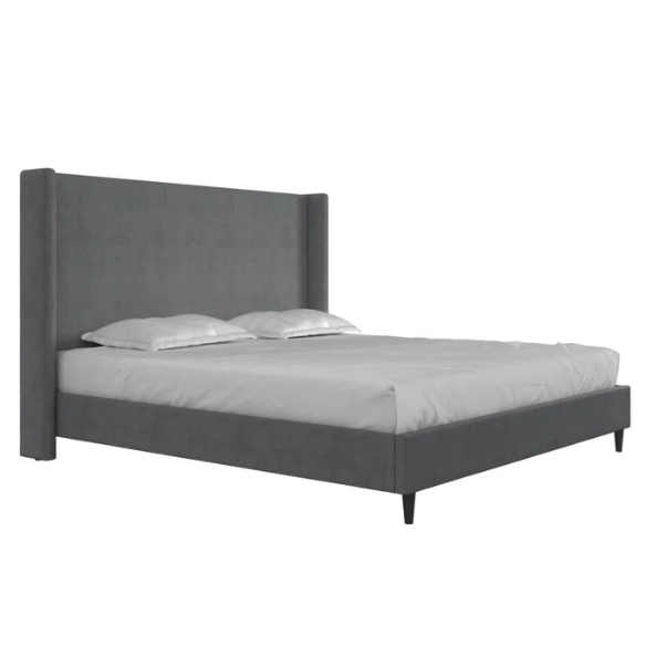 Dark grey soft woven upholstered king platform bed with tall wingback headboard and sturdy slat support.

