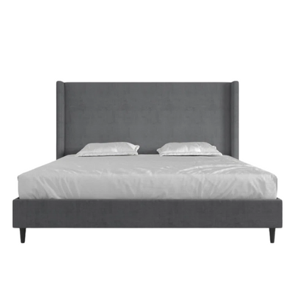 Dark grey soft woven upholstered king platform bed with tall wingback headboard and sturdy slat support.

