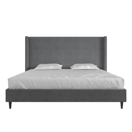Dark grey soft woven upholstered king platform bed with tall wingback headboard and sturdy slat support.

