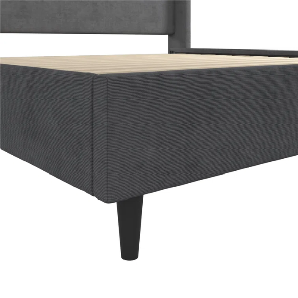 Dark grey soft woven upholstered king platform bed with tall wingback headboard and sturdy slat support.

