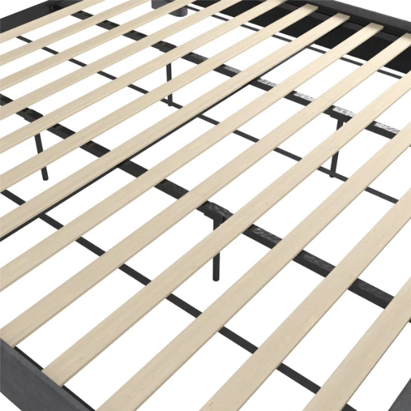 Dark grey soft woven upholstered king platform bed with tall wingback headboard and sturdy slat support.

