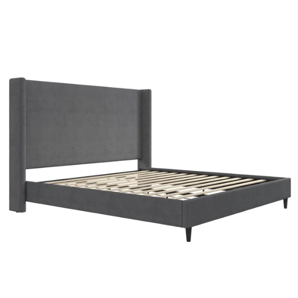 Dark grey soft woven upholstered king platform bed with tall wingback headboard and sturdy slat support.


