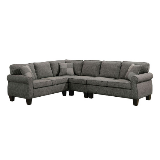 Dark grey transitional L-shaped sectional sofa with rolled arms, welt-trimmed cushions, and checkerboard accent pillows