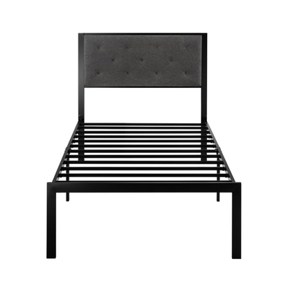 Dark grey twin metal platform bed frame with headboard, squeak-resistant structure, under-bed storage, and minimalist design.

