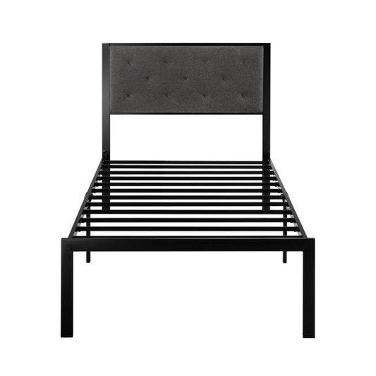 Dark grey twin metal platform bed frame with headboard, squeak-resistant structure, under-bed storage, and minimalist design.

