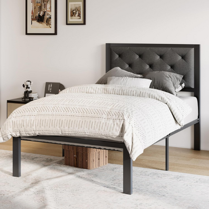 Dark grey twin metal platform bed frame with headboard, squeak-resistant structure, under-bed storage, and minimalist design.

