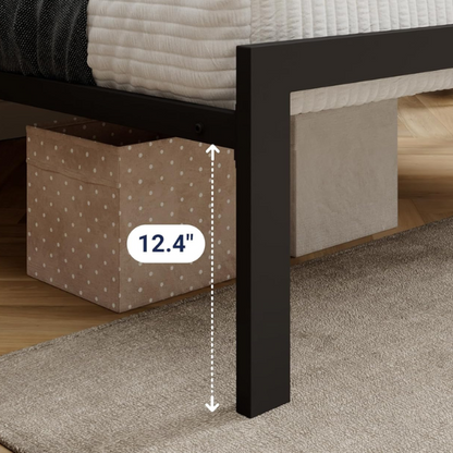 Dark grey twin metal platform bed frame with headboard, squeak-resistant structure, under-bed storage, and minimalist design.

