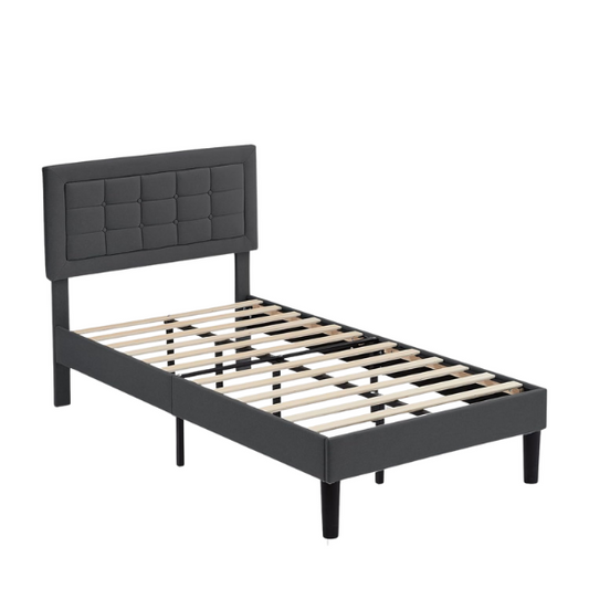 Dark gray twin upholstered platform bed frame with adjustable tufted linen headboard, sturdy metal and engineered wood construction, no box spring needed, and noise-resistant design.

