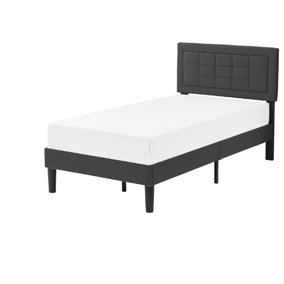 Dark gray twin upholstered platform bed frame with adjustable tufted linen headboard, sturdy metal and engineered wood construction, no box spring needed, and noise-resistant design.

