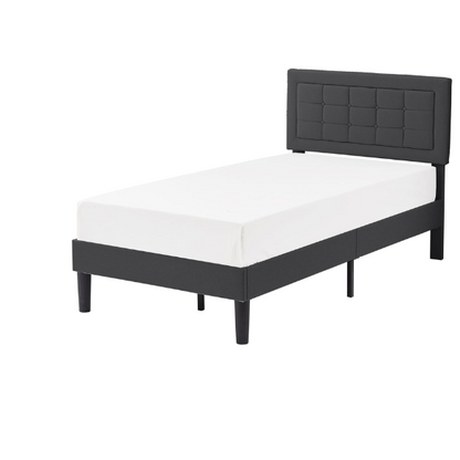 Dark gray twin upholstered platform bed frame with adjustable tufted linen headboard, sturdy metal and engineered wood construction, no box spring needed, and noise-resistant design.

