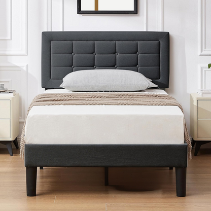 Dark gray twin upholstered platform bed frame with adjustable tufted linen headboard, sturdy metal and engineered wood construction, no box spring needed, and noise-resistant design.

