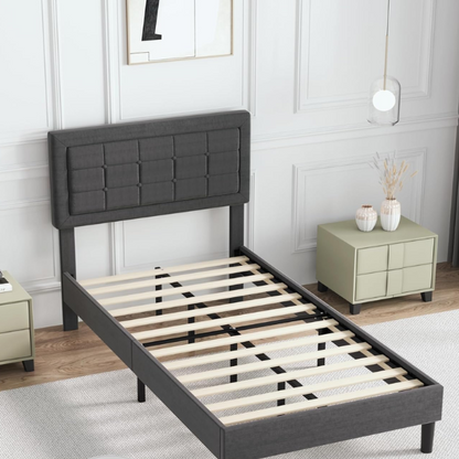 Dark gray twin upholstered platform bed frame with adjustable tufted linen headboard, sturdy metal and engineered wood construction, no box spring needed, and noise-resistant design.

