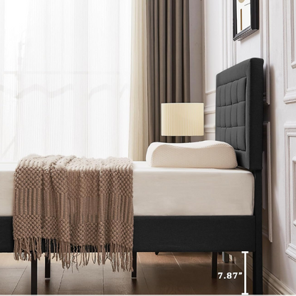 Dark gray twin upholstered platform bed frame with adjustable tufted linen headboard, sturdy metal and engineered wood construction, no box spring needed, and noise-resistant design.

