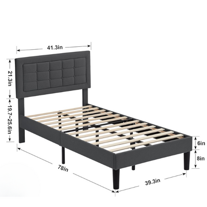 Dark gray twin upholstered platform bed frame with adjustable tufted linen headboard, sturdy metal and engineered wood construction, no box spring needed, and noise-resistant design.

