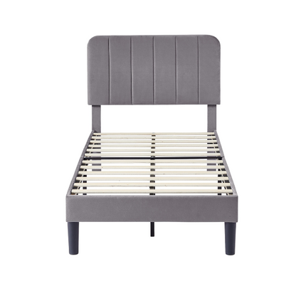 Dark grey twin upholstered platform bed with tufted headboard, metal and wood frame, under-bed storage, and adjustable height headboard.