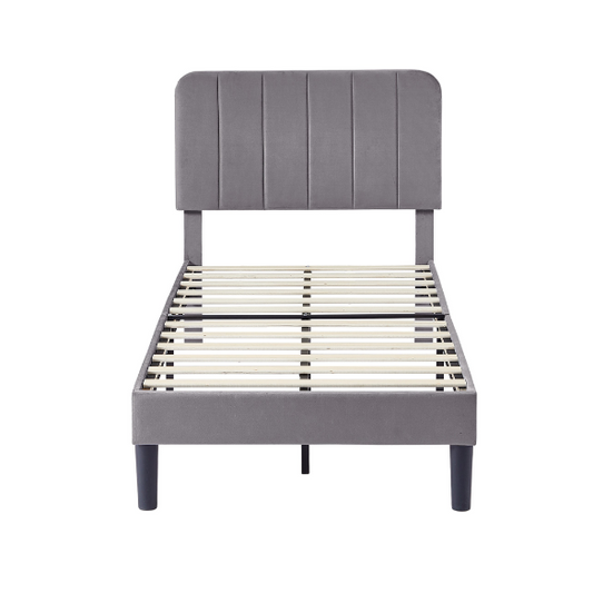 Dark grey twin upholstered platform bed with tufted headboard, metal and wood frame, under-bed storage, and adjustable height headboard.