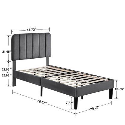 Dark grey twin upholstered platform bed with tufted headboard, metal and wood frame, under-bed storage, and adjustable height headboard.