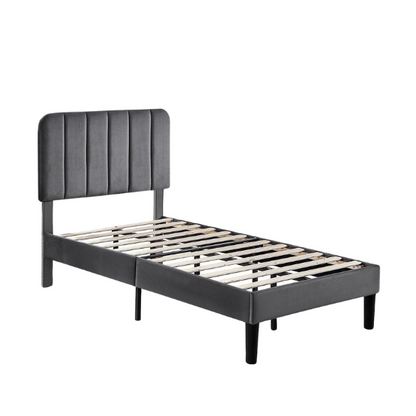 Dark grey twin upholstered platform bed with tufted headboard, metal and wood frame, under-bed storage, and adjustable height headboard.