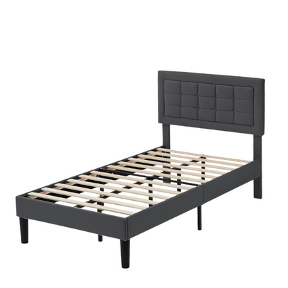 Dark grey twin-size upholstered platform bed with button-tufted adjustable headboard, wooden slats, steel center support, and underbed storage clearance.

