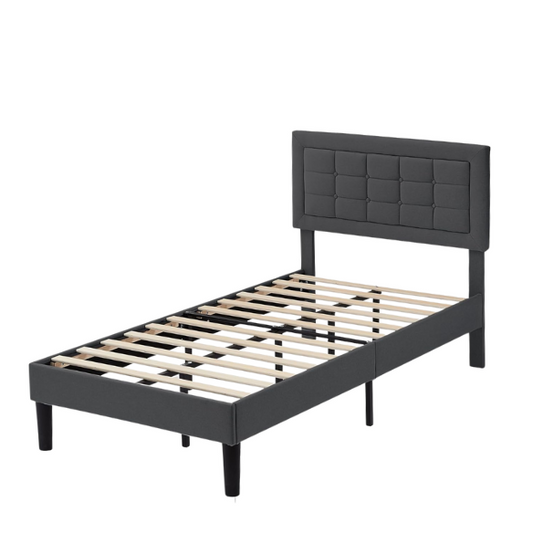 Dark grey twin-size upholstered platform bed with button-tufted adjustable headboard, wooden slats, steel center support, and underbed storage clearance.

