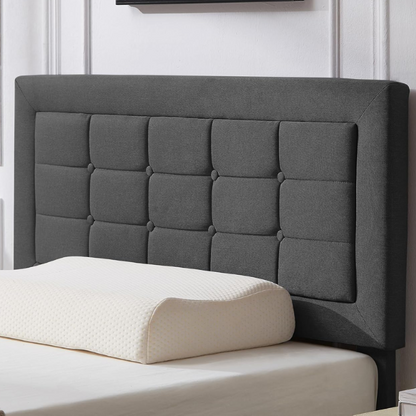 Dark grey twin-size upholstered platform bed with button-tufted adjustable headboard, wooden slats, steel center support, and underbed storage clearance.

