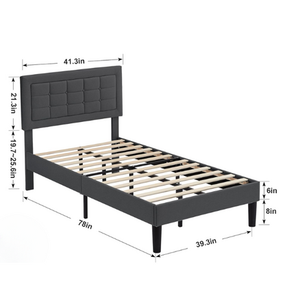 Dark grey twin-size upholstered platform bed with button-tufted adjustable headboard, wooden slats, steel center support, and underbed storage clearance.

