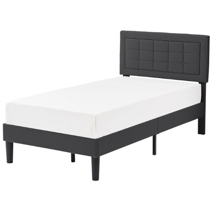 Dark grey twin-size upholstered platform bed with button-tufted adjustable headboard, wooden slats, steel center support, and underbed storage clearance.


