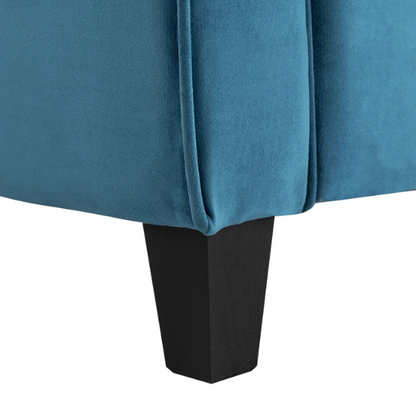 Modern 3-seater sofa upholstered in dark teal microfiber with tufted back cushions, flared arms, and a durable eucalyptus wood frame – ideal for transitional or modern living spaces

