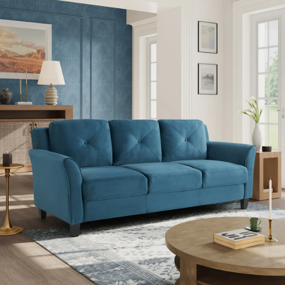Modern 3-seater sofa upholstered in dark teal microfiber with tufted back cushions, flared arms, and a durable eucalyptus wood frame – ideal for transitional or modern living spaces

