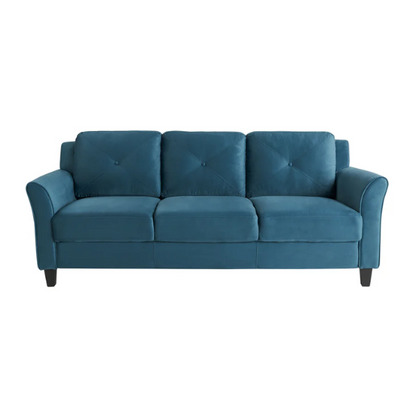 Modern 3-seater sofa upholstered in dark teal microfiber with tufted back cushions, flared arms, and a durable eucalyptus wood frame – ideal for transitional or modern living spaces

