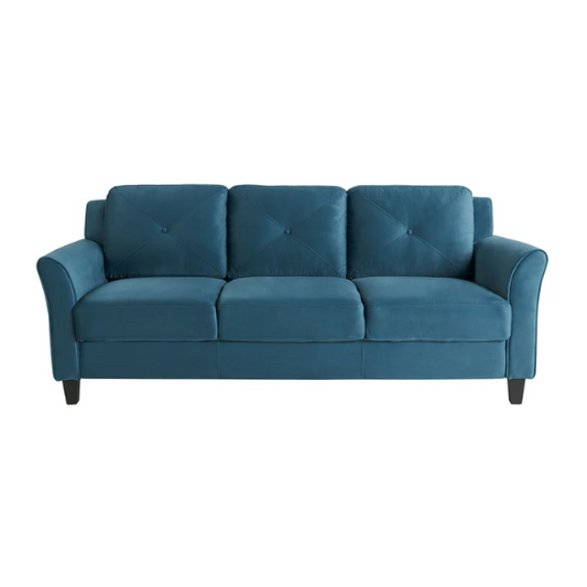 Modern 3-seater sofa upholstered in dark teal microfiber with tufted back cushions, flared arms, and a durable eucalyptus wood frame – ideal for transitional or modern living spaces


