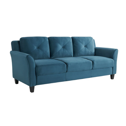 Modern 3-seater sofa upholstered in dark teal microfiber with tufted back cushions, flared arms, and a durable eucalyptus wood frame – ideal for transitional or modern living spaces

