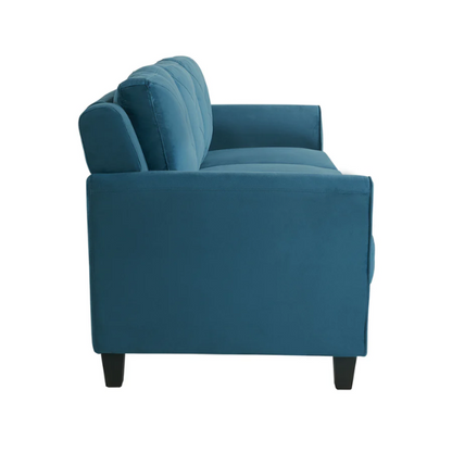 Modern 3-seater sofa upholstered in dark teal microfiber with tufted back cushions, flared arms, and a durable eucalyptus wood frame – ideal for transitional or modern living spaces

