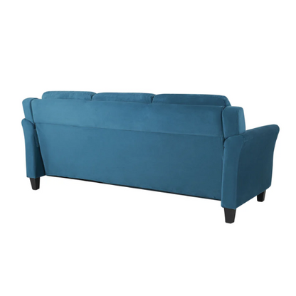 Modern 3-seater sofa upholstered in dark teal microfiber with tufted back cushions, flared arms, and a durable eucalyptus wood frame – ideal for transitional or modern living spaces

