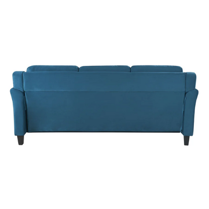 Modern 3-seater sofa upholstered in dark teal microfiber with tufted back cushions, flared arms, and a durable eucalyptus wood frame – ideal for transitional or modern living spaces

