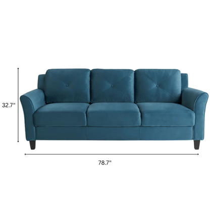 Modern 3-seater sofa upholstered in dark teal microfiber with tufted back cushions, flared arms, and a durable eucalyptus wood frame – ideal for transitional or modern living spaces

