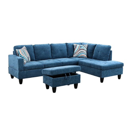 Dark teal L-shaped sectional sofa with right-facing chaise and ottoman, microfiber upholstery and light gray wooden legs