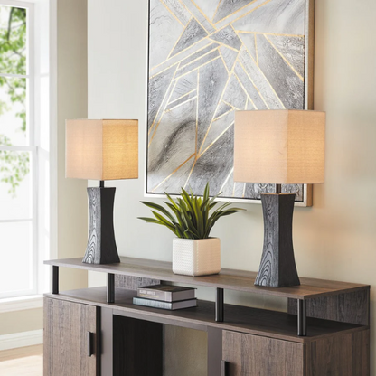 Set of two dark walnut table lamps with beige linen fabric rectangular shades, 26.5 inches tall.

