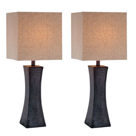 Set of two dark walnut table lamps with beige linen fabric rectangular shades, 26.5 inches tall.

