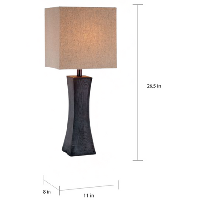 Set of two dark walnut table lamps with beige linen fabric rectangular shades, 26.5 inches tall.

