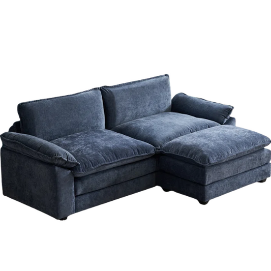 Deep blue chenille modular cloud sofa with plush foam cushions, pillow top arms, and a matching ottoman